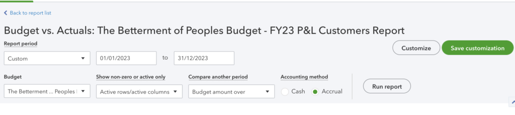 Running a report to show actuals vs budget in QBO