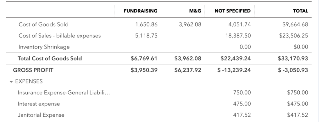 Report run showing classes to break down functional expenses in QBO