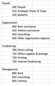 Another example of chart of accounts being broken down by functional expense for a nonprofit 990.