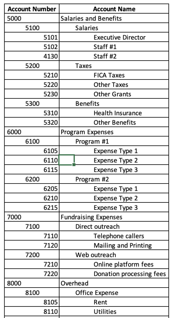 A sample chart of accounts for a nonprofit. 