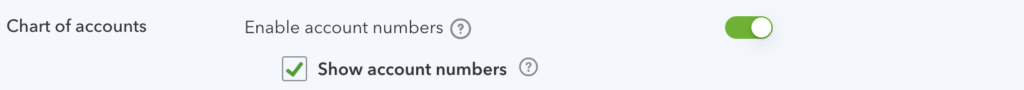 Turning on account numbers for the CoA in QBO.